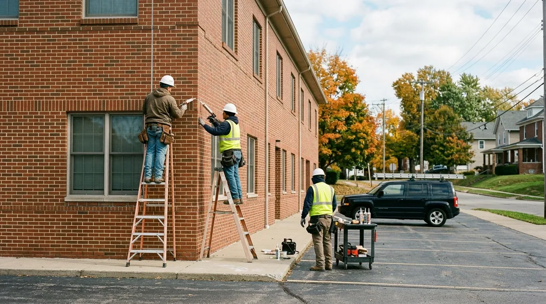 A small professional crew working on a commercial caulking job at a property, seen from behind and — Toledo, OH